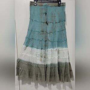 Tie-Dye Tiered Maxi Skirt in Teal, White & Olive